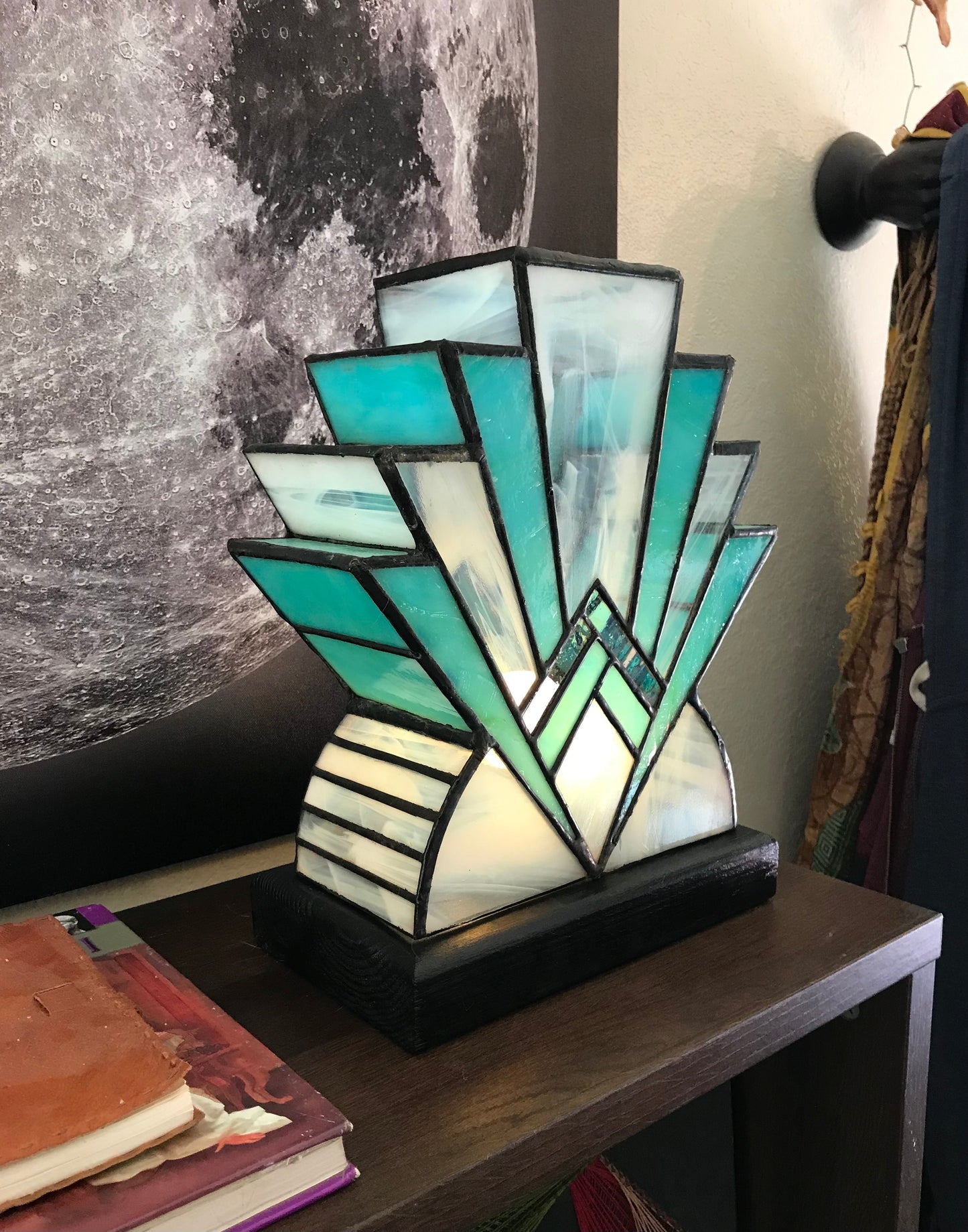 Dimmable Tiffany-Style Stained Glass Lamp  - Midcentury Art Deco Inspired by Frank Lloyd Wright