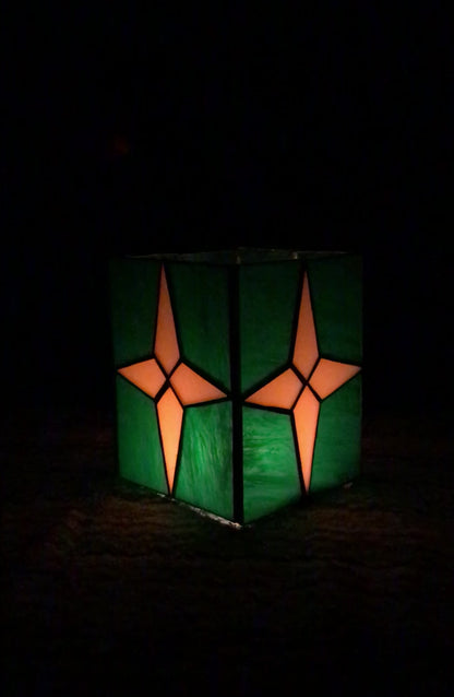 Tiffany-Style Stained Glass Tealight Lantern with Yellow Star on Green Background