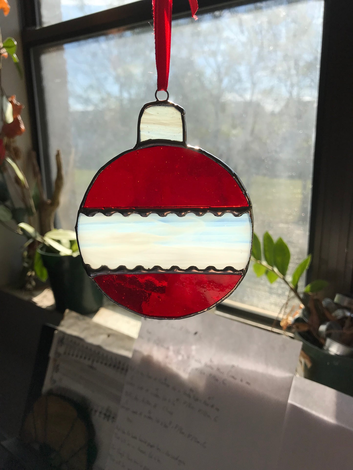 Red Bauble w/ White Band Stained Glass Christmas Ornament