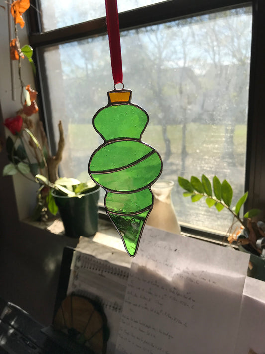 Midcentury Green Icicle Stained Glass Christmas Ornament